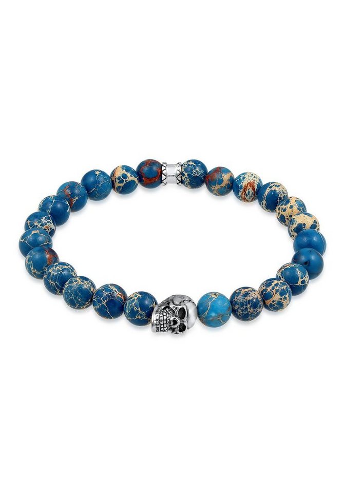 Kuzzoi Bead-Armband-Set Herren Blauer Achat Stein mit Totenkopf Silber, Totenkopf von Kuzzoi