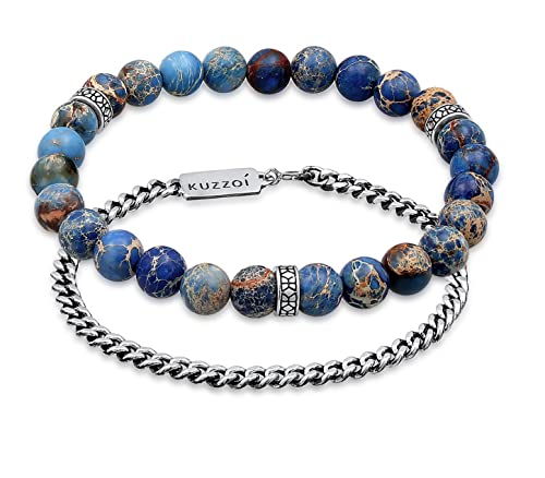 Kuzzoi Buddha Herren Armband Set, EIN elastisches Edelstein Armband mit Silber Beads, Blaue Achat Perlen und EIN Panzerarmband für den Mann, 925 Sterling Silber oxidiert, Länge 21 cm von Kuzzoi
