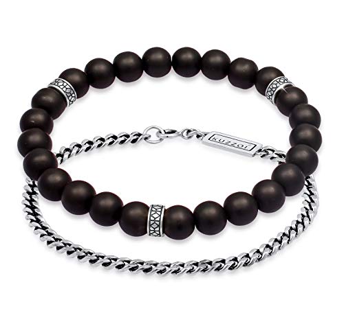 Kuzzoi Buddha Herren Armband Set bestehend aus einem elastischen Onyx Edelstein Armband mit Silber Beads und einem Panzerarmband aus 925 Sterling Silber oxidiert, Länge 19 cm von Kuzzoi