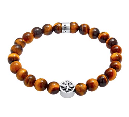 Kuzzoi Buddha Herren Armband aus 925 Sterling Silber oxidiert, Naturstein Armband Tigerauge mit Silber Beads, Maritimes Windrose-Kompass Symbol, elastisch, Energiearmband, Länge 19 cm von Kuzzoi