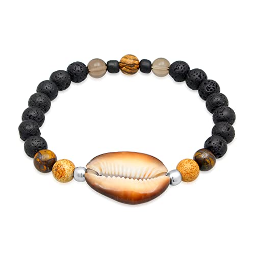 Kuzzoi Buddha Herren Naturstein Armband elastisch aus Lava- und Tigerauge Perlen (8 mm) mit oxidierten 925 Sterling Silber Elementen und einer Kauri Muschel Surferarmband Länge 19 cm von Kuzzoi