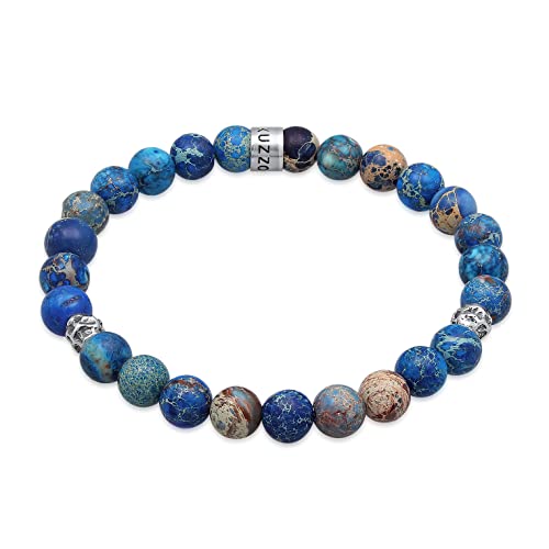 Kuzzoi Buddha Herren Armband aus blau gefärbten Achat Perlen, Organic Beads aus 925 Sterling Silber, Chakra Yogaarmband, Energiearmband, Steinarmband, Länge 19 cm von Kuzzoi