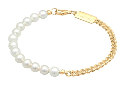 Kuzzoi Buddha Herren Armband aus einer Panzerkette in 925 Sterling Silber vergoldet und Muschelkernperlen Perlenarmband für den Mann Länge 19 cm von Kuzzoi