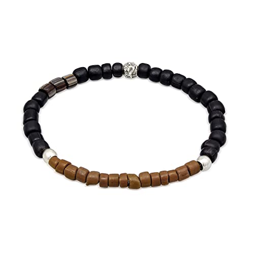 Kuzzoi Buddha Herren Armband aus indonesischen Glasperlen und Beads aus 925 Sterling Silber, Perlen Mix schwarz-braun, Vintage Casual Stretch Armband, Länge 19 cm von Kuzzoi