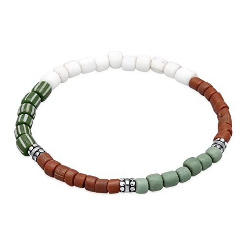 Kuzzoi Buddha Herren Armband aus indonesischen Glasperlen und Beads aus 925 Sterling Silber, Perlen Mix weiß-braun-grün, Vintage Casual Stretch Armband, Länge 21 cm von Kuzzoi