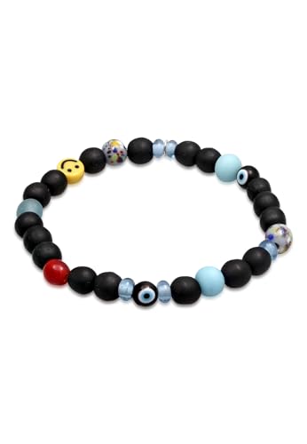 Kuzzoi Buddha Herren Armband aus recycelten Glas und Harz Perlen Stretcharmband mit Emoji und Evil Eye Beads Festival Schmuck (Smile Face), Länge 19 cm von Kuzzoi