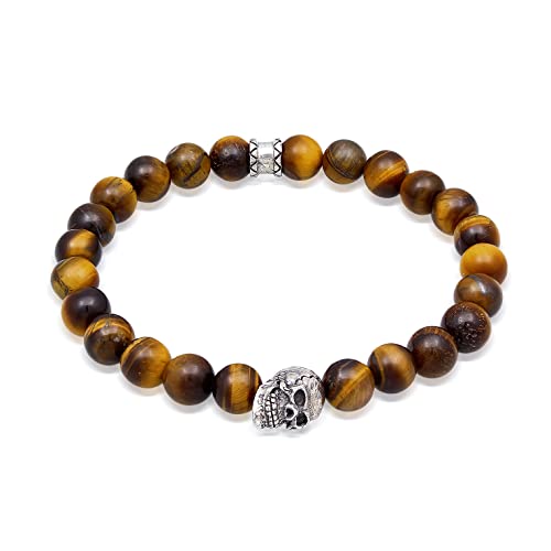 Kuzzoi Buddha Herren Armband mit Tigerauge (braun) Schmuckstein-Perlen, Totenkopf Bead aus 925 Sterling Silber, Chakra Yogaarmband, Energiearmband, Länge 19 cm von Kuzzoi