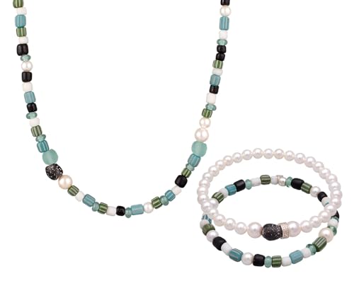 Kuzzoi Buddha Herren Kette und Armband Set aus Muschelkernperle (6mm) Glas Perle (4-8 mm) mit Beads 925 Silber für Männer Länge ca. 50 cm + 19 cm von Kuzzoi