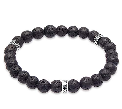 Kuzzoi Buddha Herren Naturstein Armband, elastisches Edelstein Armband aus Lava Perlen (8 mm), Armband mit Silber Beads aus 925 Sterling Silber oxidiert, Yoga Männer Armband, Länge 19 cm von Kuzzoi