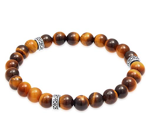 Kuzzoi Buddha Herren Naturstein Armband, elastisches Edelstein Armband aus Tigerauge Perlen (8 mm), Armband mit Silber Beads aus 925 Sterling Silber oxidiert, Yoga Männer Armband, Länge 21 cm von Kuzzoi