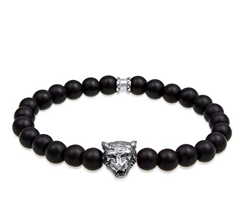 Kuzzoi Buddha Herren Steinarmband aus schwarzem Onyx Edelstein Perlen (8 mm) und Tigerkopf Anhänger in 925 Sterling Silber elastisch, Länge 21 cm von Kuzzoi