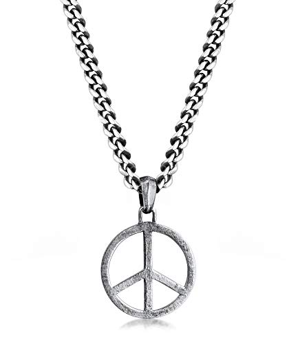 Kuzzoi Exklusive Herren Halskette oxidiert geschwärzt mit Peace Anhänger (25 mm) im Hippie Look, Massive Kette für Mann oder Freund, Panzerkette aus 925 Sterling Silber, Länge 50 cm von Kuzzoi