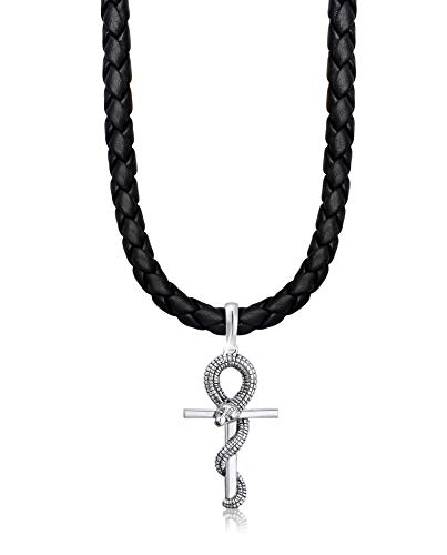 Kuzzoi exklusive Herren Lederhalskette mit Kreuz Schlange Anhänger aus massiven 925 Sterling Silber, Kette aus geflochtenem Rinderleder in schwarz, Länge 50cm - 55cm, Breite 5,5mm, 0111642718 (55) von Kuzzoi