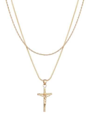 Kuzzoi Halskette Herren 925 Silber vergoldet mit Kreuz Anhänger (28 mm) Kruzifix Layer Kette für den Mann Kettenlänge 50 + 55 cm, 0111741723 von Kuzzoi