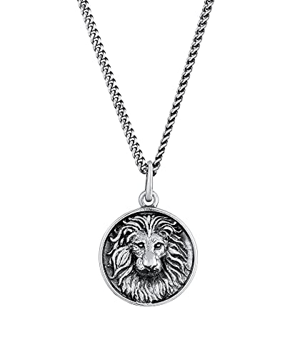 Kuzzoi Herren Halskette mit Löwenkopf Motiv Anhänger (20 mm) in 925 Sterling Silber oxidiert, Kette mit runden Coin-Anhänger für den Mann, Herrenkette mit Sternzeichen, Länge 55 cm von Kuzzoi