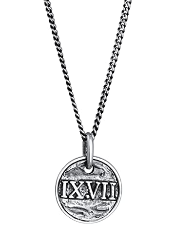 Kuzzoi Herren Halskette mit Münze Anhänger (18 mm) in 925 Sterling Silber oxidiert, Kette mit Römische Zahlen Coin-Anhänger für den Mann, Herrenkette im antiken Münzdesign, Länge 50 cm von Kuzzoi