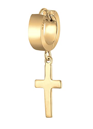 Kuzzoi Herren-Ohrring Creole Kreuz, Single Scharnier Creole (13mm) rund, Goldener Ohrring für Männer mit Kreuz, 1 Stück Creolen Ohrhänger 925 Sterling Silber vergoldet, Hoop Ohrring für Männer von Kuzzoi