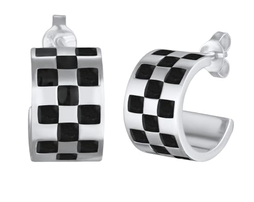 Kuzzoi Herren Ohrringe Creolen (14mm) im Retro Design aus 925 Sterling Silber Ohrstecker für den Mann mit Schachbrett Muster aus Email von Kuzzoi