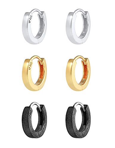 Kuzzoi Herren-Ohrringe Creolen Set rund, 3 Paar Ohrhänger poliert-gebürstet, Tri-Color Ohrringe für Männer, Basic Creolen aus 925 Sterling Silber, Hoop Ohrring-set Farbe: vergoldet, silber, oxidiert von Kuzzoi