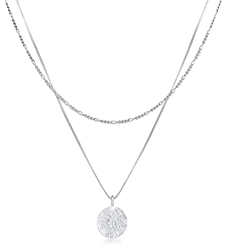 Kuzzoi Herren Halskette im Layer Look mit Coin Anhänger (15 mm) für den Mann in 925 Sterling Silber Kette mit strukturierten Plättchen Anhänger von Kuzzoi