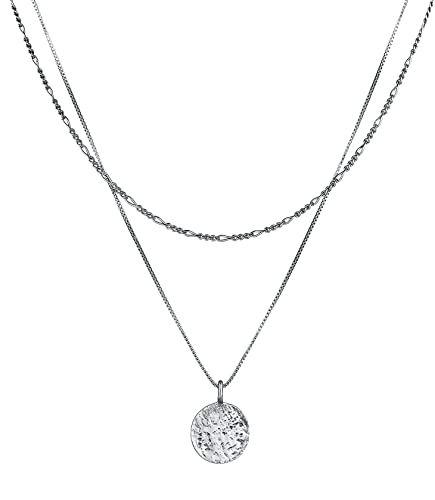 Kuzzoi Herren Silber-Halskette im Layer Look mit Coin Anhänger (15 mm), Halskette für den Mann in 925 Sterling Silber oxidiert, Layer Herrenkette mit strukturierten Plättchen Anhänger von Kuzzoi