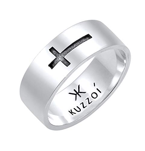 Kuzzoi Herrenring Bandring für Männer mit Kreuz Motiv aus 925 Sterling Silber, Breiter Silberring (8 mm) im kantigen Design, Breiter Ring für Herren mit Kreuz oxidiert, Ringgröße 60, 0610890620_60 von Kuzzoi