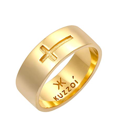 Kuzzoi Herrenring Bandring für Männer mit Kreuz Motiv aus 925 Sterling Silber vergoldet, Breiter Silberring (8 mm) im goldenen Design, Breiter Ring für Herren mit Kreuz, Ringgröße 66, 0610410620_66 von Kuzzoi