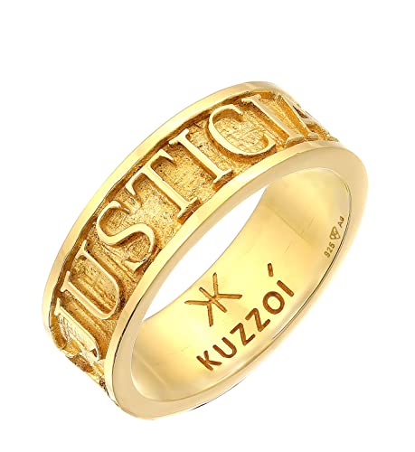 Kuzzoi Herrenring Bandring massiv (8 mm) in 925 Sterling Silber vergoldet, Goldener Silber Ring mit Schriftzug JUSTICIA VERITAS, Ring für Männer, Ringgröße 62 von Kuzzoi