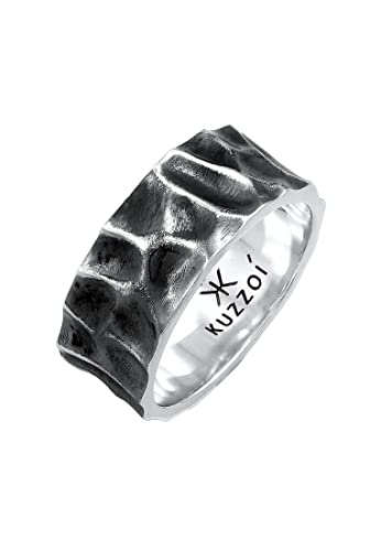 Kuzzoi Herrenring im Hammerschlag Design, Bandring massiv (10 mm) breit in 925 Sterling Silber, Silberring geschmiedet oxidiert, Ring für Männer, Bikerring, Ringgröße 60, 0602891921_60 von Kuzzoi