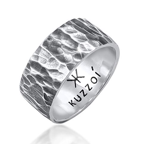 Kuzzoi Herrenring im Hammerschlag Design, Bandring massiv 10 mm breit in 925 Sterling Silber, Silberring gehämmert oxidiert, Ring für Männer im Biker Look, Ringgröße 64, 0604992820_64 von Kuzzoi