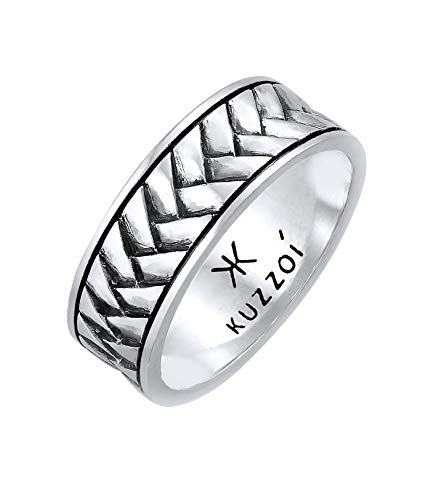 Kuzzoi Herrenring oxidiert, Bandring massiv (7 mm) in 925 Sterling Silber, Vintage Herren Schmuck Accessoire mit Fischgräten Struktur, Markanter Ring für Männer, Ringgröße 64, 0601512921_64 von Kuzzoi