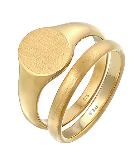 Kuzzoi Herrenringe, Siegelring (12 mm) und Klassischer Bandring (3 mm) breit in 925 Sterling Silber vergoldet, 2 Goldene Silberringe für Männer, Ring Set Herren, Ringgröße 64, 0604532721_64 von Kuzzoi