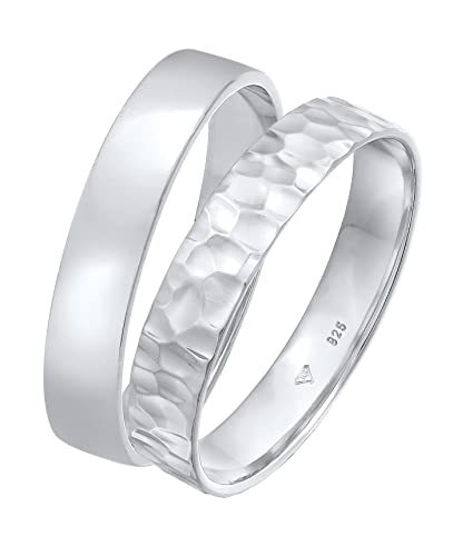 Kuzzoi Herrenringe Ring Set Silber, 2 Stück Bandringe poliert 925 Sterling Silber, Silberringe für Männer Basic und Hammerschlag Look, Silber Ring Set Herren, Ringgröße 60, 0606480722_60 von Kuzzoi