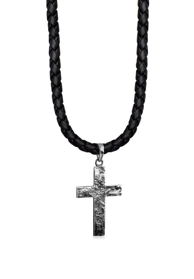 Kuzzoi Kette mit Anhänger Herren Lederkette Kreuz Oxidiert Matt 925 Silber von Kuzzoi