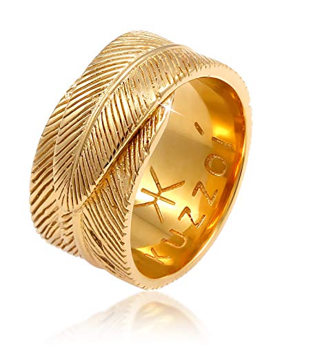 Kuzzoi Massiver Herrenring (14mm) golden im Feder Design, Bandring für Männer aus 925 Sterling Silber vergoldet, Ring im Vintage Look für Männer in der Ringgröße 60, 0606831520_60 von Kuzzoi