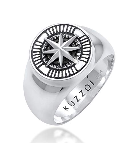 Kuzzoi Siegelring Herrenring rund, massiv 15 mm breit in 925 Sterling Silber, schwarz oxidiert mit Kompass Symbol, Ring für Männer in der Ringgröße 60, 0605832820_60 von Kuzzoi