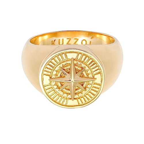 Kuzzoi Siegelring Herrenring rund, massiv 15 mm breit in 925 Sterling Silber vergoldet, Ring golden mit Kompass Symbol, Maritimer Ring für Männer in der Ringgröße 60, 0605512820_60 von Kuzzoi