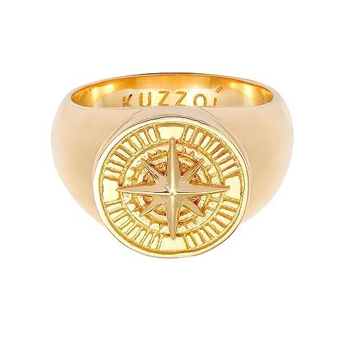 Kuzzoi Siegelring Herrenring rund, massiv 15 mm breit in 925 Sterling Silber vergoldet, Ring golden mit Kompass Symbol, Maritimer Ring für Männer in der Ringgröße 66, 0605512820_66 von Kuzzoi
