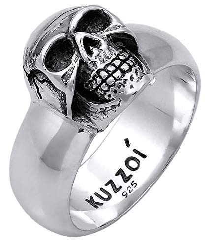 Kuzzoi Totenkopf Herrenring, massiv 10 mm breit in 925 Sterling Silber, schwarz oxidiert mit Gravur, Ring für Männer in der Ringgröße 60 – 66, 0601662919 von Kuzzoi