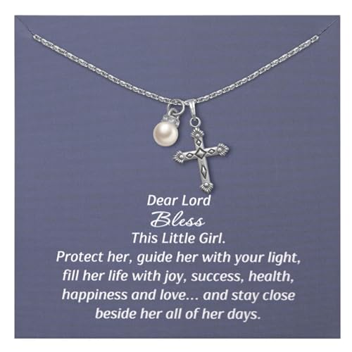 Kreuz-Halskette mit Perlen-Anhänger für Frauen, christlicher Segen, Schmuck, Geschenk für Taufe, Erstkommunion, elegante Kreuz- und Perlenkette, glaubenbasiertes Geschenk mit Gebet, mittelgroß von Kvekstio