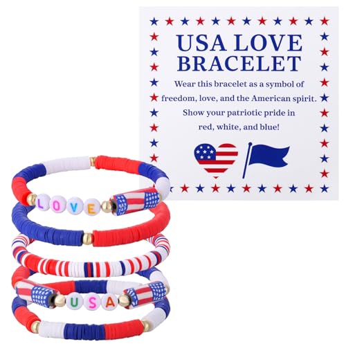 Kvekstio 5-teiliges US-Liebes-Armband-Set, Unabhängigkeitstag, rot, weiß, blau, amerikanische Flagge, stapelbare Armbänder für Damen und Herren, 4. Juli, Zubehör, USA-Patriotische Feiern von Kvekstio