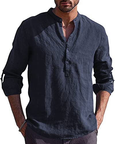 Kvruhuiy Freizeithemd Herren Langarm Henley Hemd Casual Baumwolle Leinenhemd Men's Summer Shirts Marineblau L von Kvruhuiy