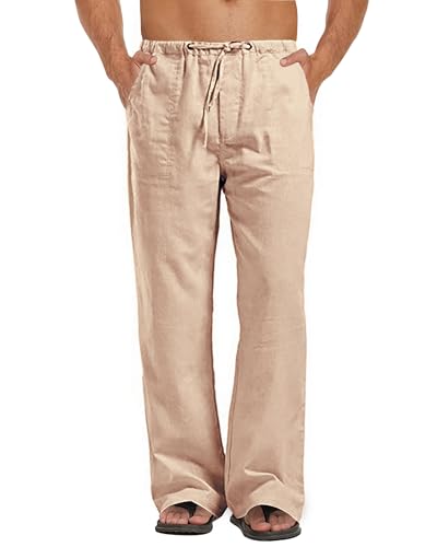 Kvruhuiy Herren Baumwolle Leinenhose Lang Freizeithose Strand Sommerhose Casual Kordelzug Hosen Khaki L von Kvruhuiy