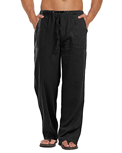 Kvruhuiy Herren Baumwollhosen für Männer Leichte Loose Sommer Lang Leinen Hose mit Kordelzug Schwarz 3XL von Kvruhuiy