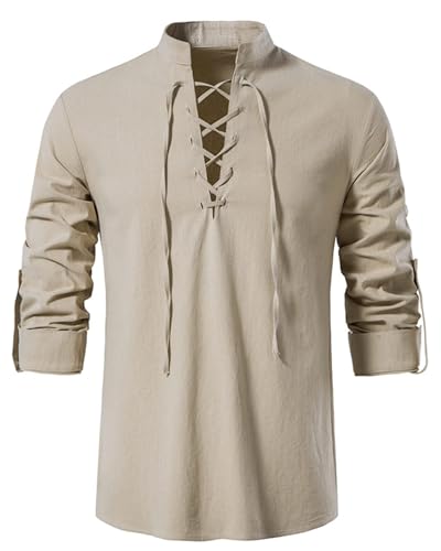 Kvruhuiy Herren Hemd Baumwolle Retro Traditionelle Hemden Langarm Leinenhemd Für Mittelalter, Wikinger, Halloween Khaki M von Kvruhuiy