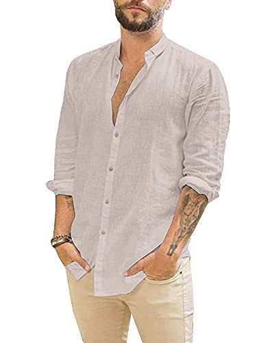 Kvruhuiy Herren Hemd Leinenhemd Langarm Sommer Strand Hemd Casual Baumwolle Freizeithemd Shirts Khaki M von Kvruhuiy