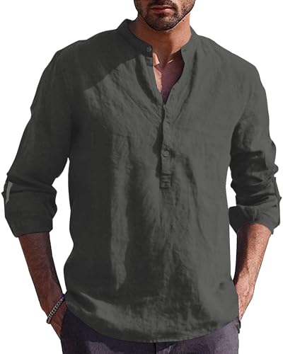 Kvruhuiy Herren Henley Hemden Leinenhemd Freizeithemden Männer Länge Ärmel Sommerhemd Strandhemd Dunkelgrau XXL von Kvruhuiy