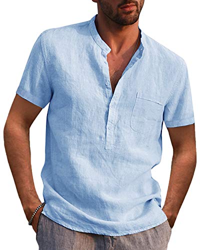 Kvruhuiy Herren Kurz Ärmel Sommer Shirt Männer Baumwolle Hemd Button Tops Hemden Freizeithemden Himmelblau 3XL von Kvruhuiy