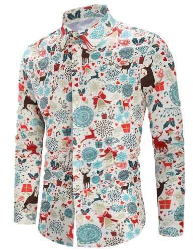 Kvruhuiy Herren Langarm Button Down Freizeithemden Funky Weihnachtshemden Christmas Hemden Santa Claus Shirt Weiß XL von Kvruhuiy