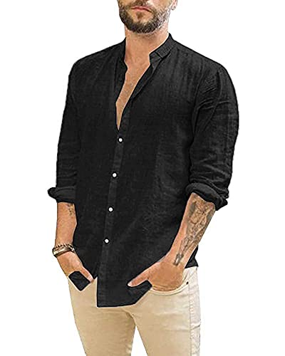 Kvruhuiy Herren Langarm Leinenhemd Hemd Freizeithemd Casual Sommer Shirts Regular Fit Strandhemd Schwarz M von Kvruhuiy